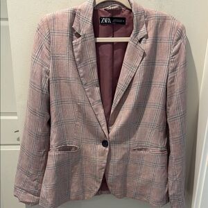 Zara Pink Plaid Blazer Linen Blend Notched Lapels size 8